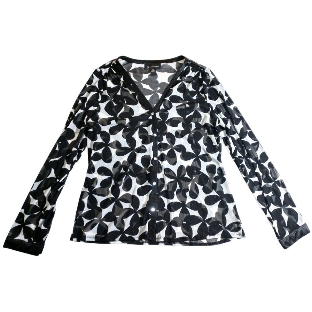 INC International Concepts Women's Black/White Flower Sheer Button Up XL X-Large